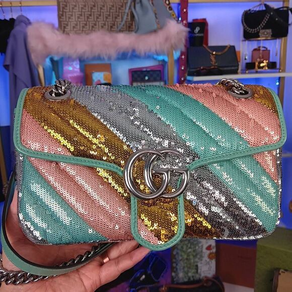 Gucci Marmont Gg Sequin Small Multicolored Rainbow Shoulder Bag w/Dustbag - Picture 3 of 16